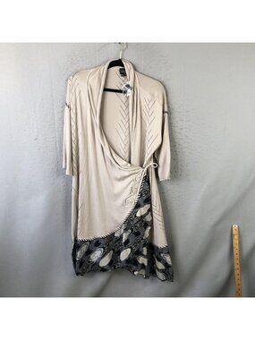 CoVelo Wrap Cardigan Sweater Womens XL Beige Cotton Silk Ruffle Hem Boho Ikat